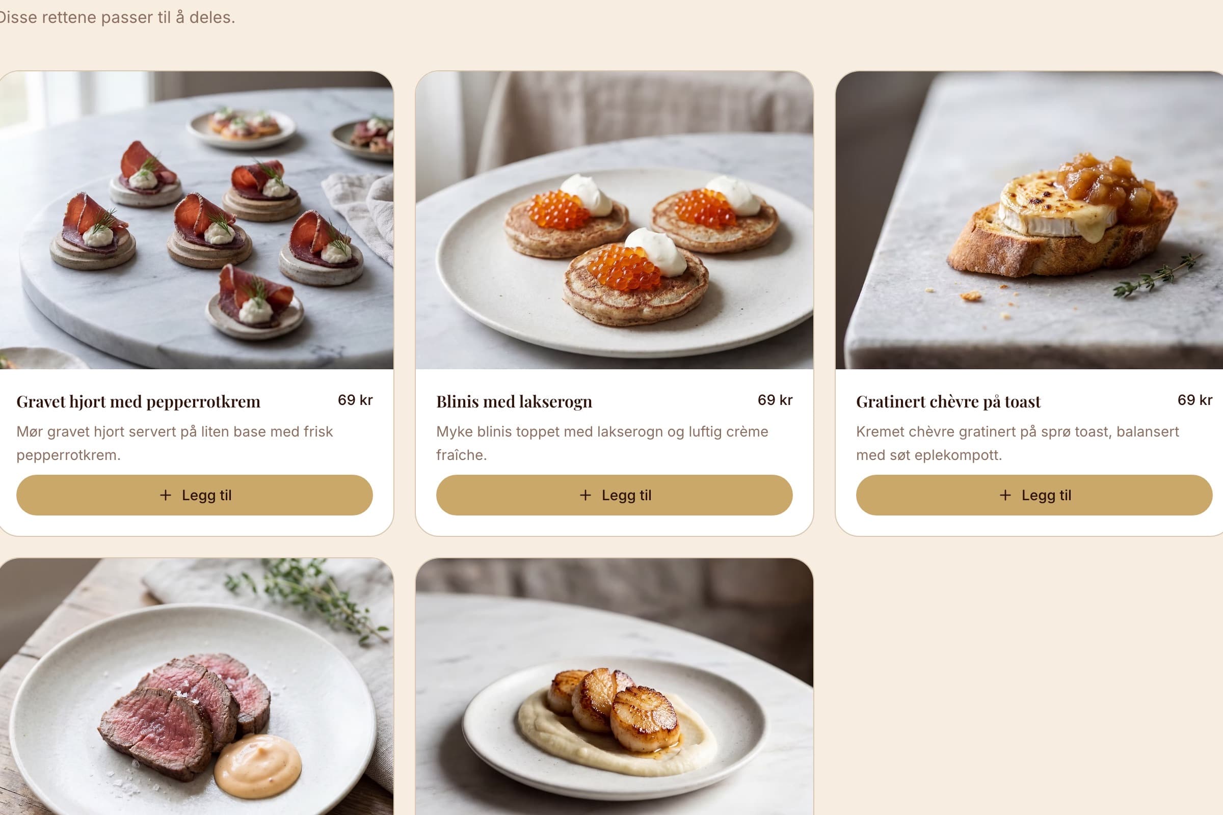 Menysiden til Fiken Catering med kategorien Forretter og tre retter som kort, hver med bilde, pris og knappen «Legg til».